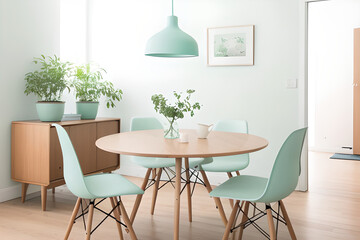 Mint color chairs at round wooden dining table in room with sofa and cabinet. Scandinavian, mid-century home interior design. Stylish pastel gentle calming blue and light pink
