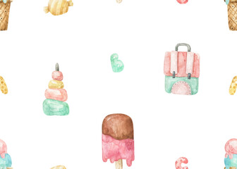 seamless pattern with childish things. Baby clipart. Kidsfunny endlrss design for nursery, textile