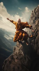 Fotobehang shaolin worrior monk practicing extreme kung fu  jumping from high cliff © IBEX.Media