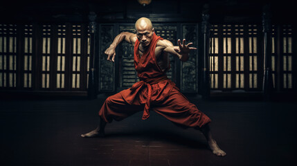 Shaolin worrior monk practicing kung fu inside temple - obrazy, fototapety, plakaty