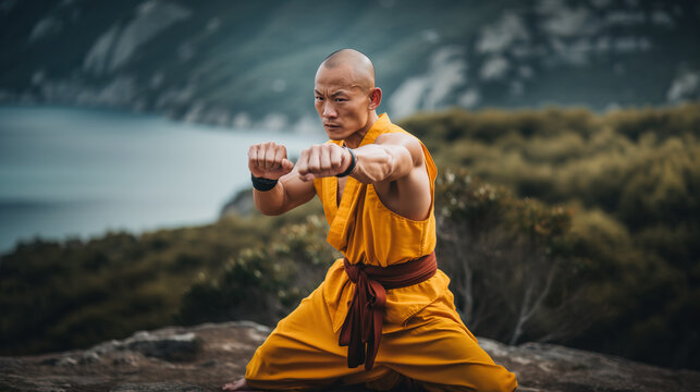 shaolin worrior monk practicing kung fu outside on the grass at sunset