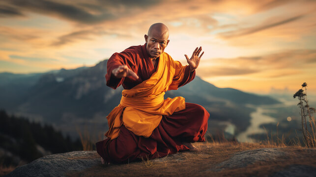 shaolin worrier monk practicing kung fu outside on the grass at sunset