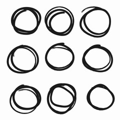Highlight circle frames. Circular scribble doodle oval. Vector illustration on a white background. For message note mark design element. Set hand drawn pencil or marker round circles line sketch set.