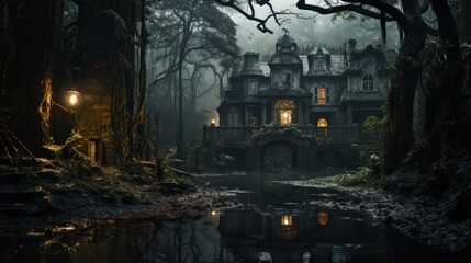An old two-story house partially reflected in the water in the depths of a dark Brazilian forest on Halloween night