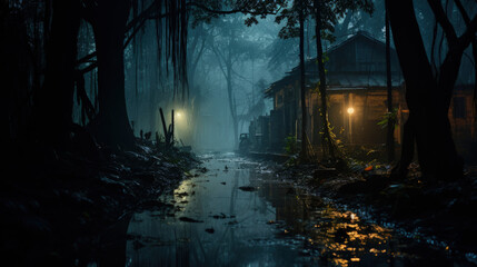 A scary haunted house is reflected in the water in an Asian area on Halloween night