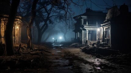 An old haunted house illuminated by the glow of a full moon on Halloween night, with unknown silhouettes at the end of the street