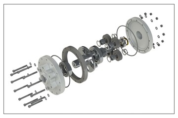 3D design of a planetary gear with exploded view.