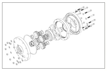 3D design of a planetary gear with exploded view.