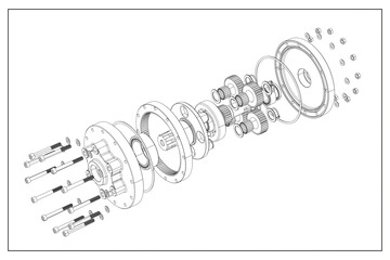 3D design of a planetary gear with exploded view.