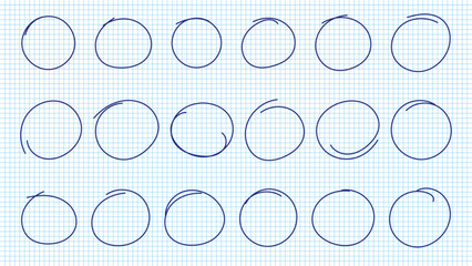 Hand drawn pen circles line sketch set on notebook pages. Drawing blue pen circular scribble doodle round circles. Vector illustration.