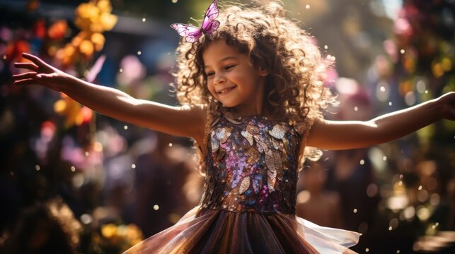 Child in a shimmering fairy costume dancing joyfully among blooming garden flowers.