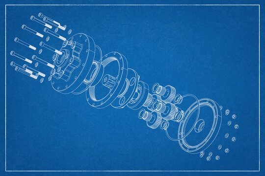 3D design of a planetary gear with exploded view.