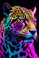 Portrait of Jaguar in cyberpunk aesthetic, colorful neon lightning