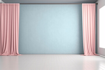 Empty light blue wall with pink curtain and wooden floor interior for product presentation, backdrop