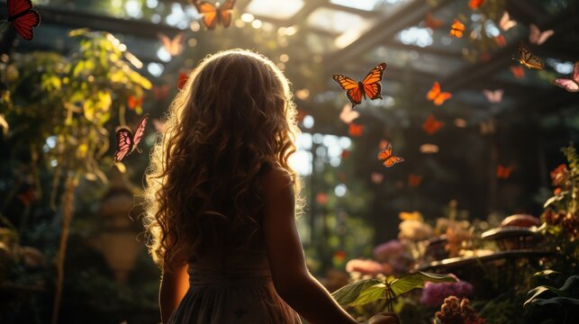 Little girl chasing vibrant-colored butterflies in a sunlit garden.