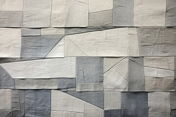 Abstract artwork of geometric patchwork of old cloth, gray color background, 3D illustration. - obrazy, fototapety, plakaty