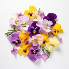 Bright composition of delicate Pansy flowers on a white background, top view