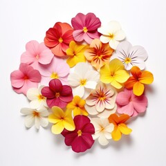 Bright composition of delicate Polyanthus flowers on a white background, top view