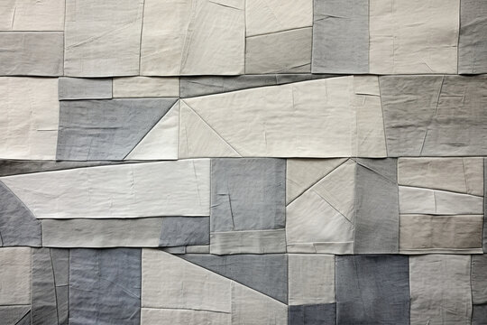 Abstract artwork of geometric patchwork of old cloth, gray color background, 3D illustration.