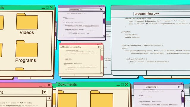 programming software language windows on blue background. Camera slowly move out and writing and coding on project in 90s style