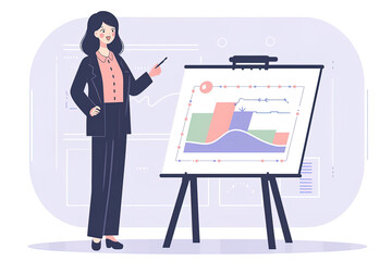 Woman in office uniform standing near information board presenting important information. illustration
