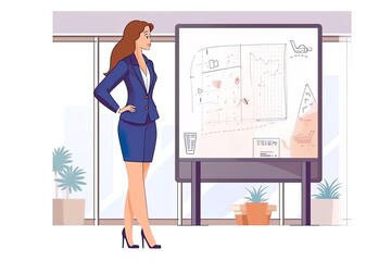 Woman in office uniform standing near information board presenting important information. illustration