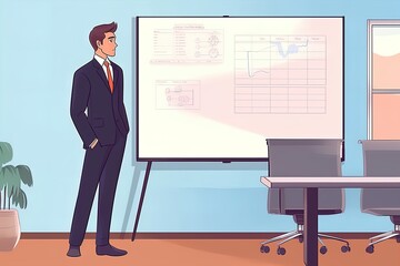 Fototapeta premium Illustration of a businessman near an information board, economic calculation of the company's performance indicators.