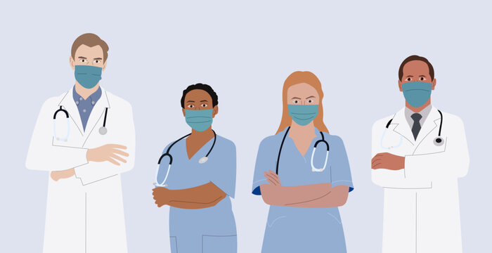 Doctors day, simple vector illustration, women and men in doctor coat. Banner, background, poster for Doctors day celebration. March 14th Medicine day and October 3th international doctors day.