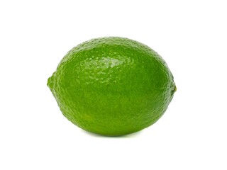 Fresh green lemons and lime leaves placed on a white background.