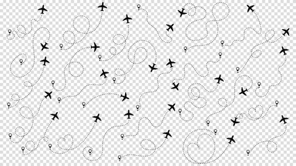 Travel concept from start point and dotted line tracing. Airplane or aeroplane routes path set. Aircraft tracking, plane path, travel, map pins, location pins. Vector illustration. Transparent bg.