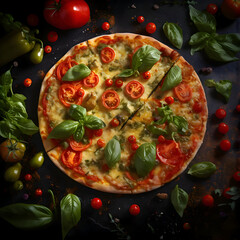 Vegetable pizza with cheese and tomatoes. High resolution