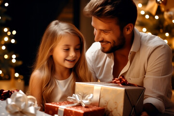 Lovely family opening their gifts. They enjoy the warm Christmas atmosphere. AI Generated