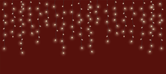 Christmas garland isolated on transparent background. Glowing yellow light bulbs with sparkles. Xmas, New Year, wedding or Birthday decor. Party event decoration. Winter holiday season element.