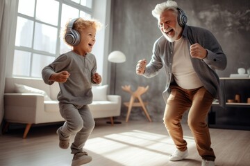 happy grandson and grandfather dancing in headphones. warm relations. old people's day happines