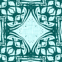 Teal blue white vibrant watercolor batik azulejos tile border banner background. Seamless coastal blur linen effect geometric mosaic effect. Patchwork nautical masculine summer ribbon trim. 