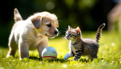 Obraz premium Puppy playing with a kitten on the lawn of dandelions. AI Generated