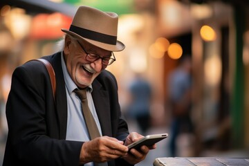 elderly happy man with smartphone. old people's day