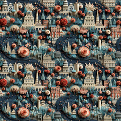 Fototapeta premium seamless pattern of 3d papercraft city with a lot of flowers and architecture made in red, white and blue colors