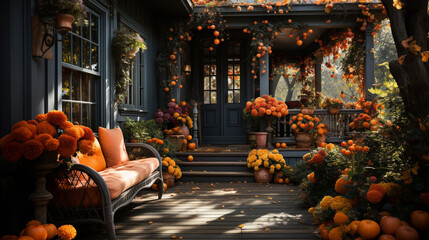 front porch of a traditional house decorated to autumn season and Thanksgiving or Halloween - obrazy, fototapety, plakaty