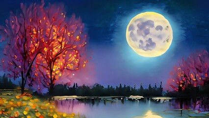 Beautiful harvest moon rising over a clear lake with trees and flowers.