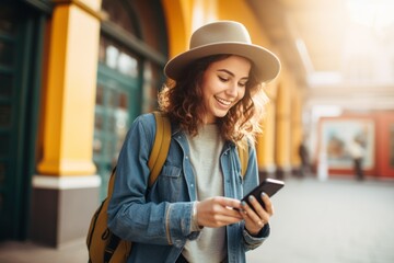 happy young girl with a smartphone in her hands on the street - obrazy, fototapety, plakaty