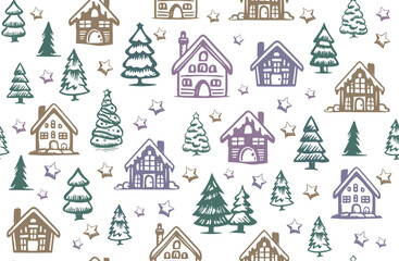 Fototapeta na wymiar Christmas house and tree drawn illustrations