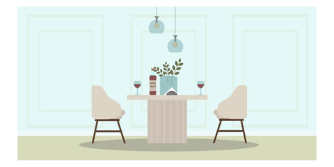 modern cafe interior no people. table for date with wine and two glasses. Two cozy armchairs, table and wine glasses. flat style. Home interior concept. Vector illustration