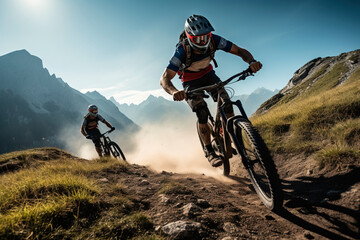 Obraz na płótnie Canvas Mountain biking adventure in rugged terrain. Conquer challenging trails with a mountain bike amidst breathtaking mountain landscapes. 'generative AI' 