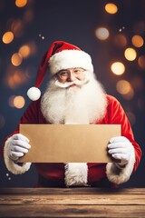Santa's hands holding blank paper, festive atmosphere. Copy space for your text. Christmas background with empty space. Santa Claus. Merry Xmas, New Year.