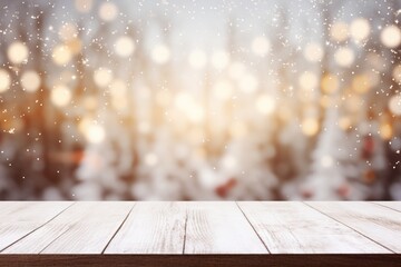 Empty wooden table top with bokeh lights. Copy space for your object, product presentation. Display, promotion, advertising. Festive empty scene. Merry Christmas, Happy New Year.