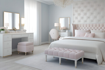 Luxury white pink master bedroom interior with make up table. Stylish pastel gentle calming blue and light pink
