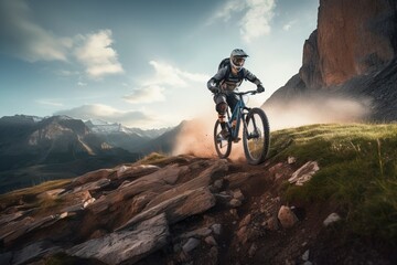 Mountain biking adventure in rugged terrain. Conquer challenging trails with a mountain bike amidst breathtaking mountain landscapes. 'generative AI' 