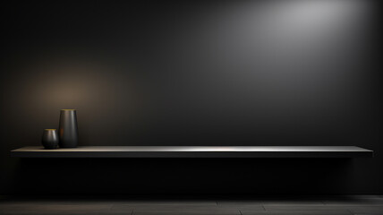 An empty shelf, black vase, modern black wall for mock up, presentation, backdrop, background