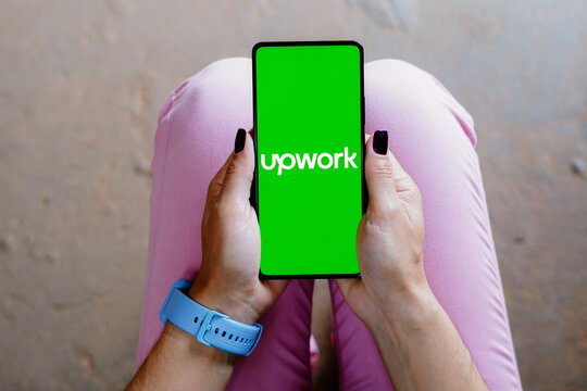 September 7, 2023, Brazil. In this photo illustration, the Upwork logo is displayed on a smartphone screen.
